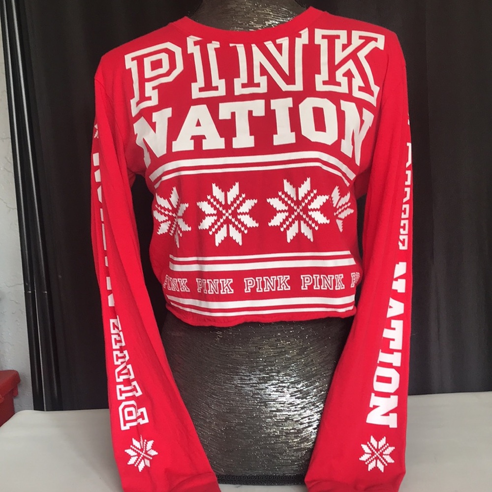 VICTORIA SECRET PINK CHRISTMAS SNOW FLAKE CROP TOP LONG SLEEVE SIZE SMALL